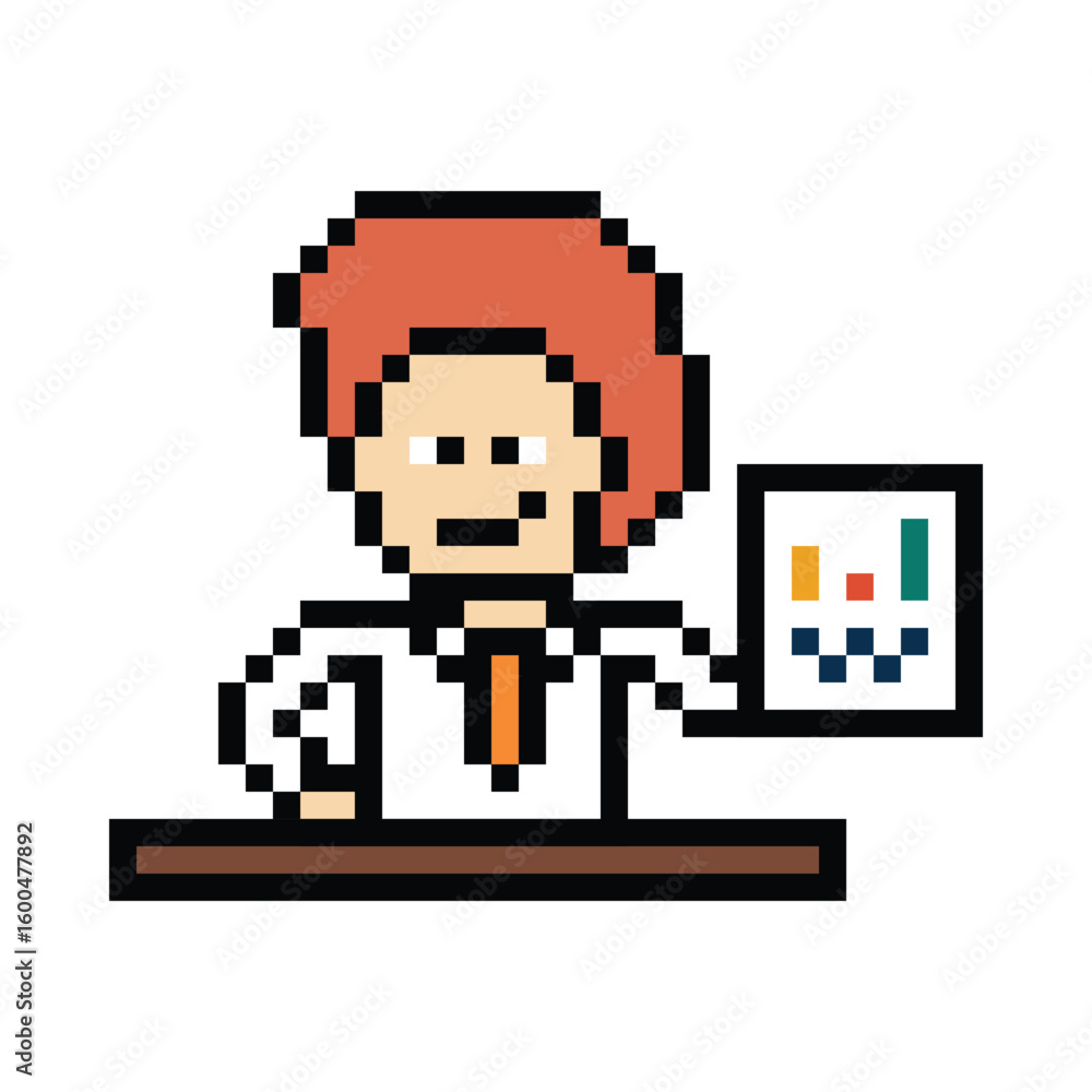 Obraz premium Cartoon cute pixel cartoon 8bit character business man businessman smart work game decoration business 8 bit male career smart character game 8bit png vector.