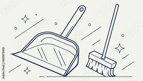 Vector illustration of a broom and dustpan for cleaning and domestic care applications