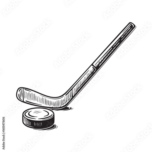 Hockey stick and puck resting on a smooth surface for sports design