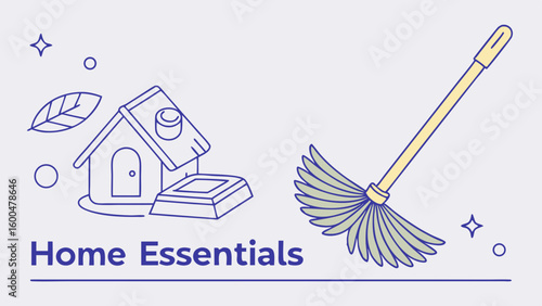 Vector illustration of home essentials featuring a house and cleaning tools for domestic care and organization