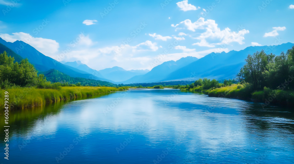 Calm river flowing towards mountains under a blue sky. Peaceful nature scene ideal for travel brochures Calm river flowing towards mountains under a blue sky. Peaceful nature scene ideal for travel brochures