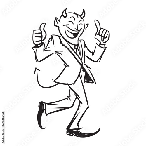 Cheerful devil character in suit celebrating success