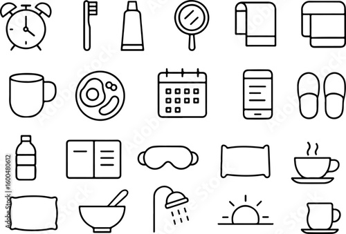 Collection of daily routine and morning essentials icons for healthy living