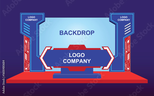 3d backdrop photo wall of fame digital futuristic decor design syle with blank space logo company for preview event exhibition. Vector editable sketch outline drawing coloring.