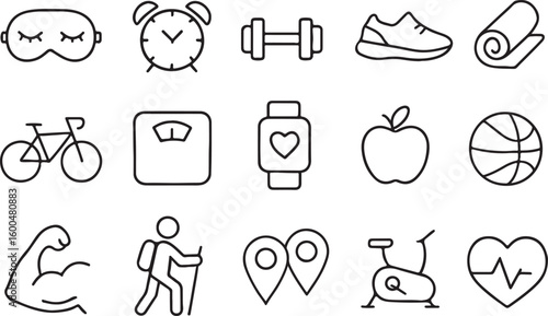 Healthy lifestyle icons sleep exercise nutrition wellness sleep mask alarm clock