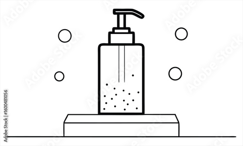 Cleanliness and hygiene a simple line drawing of a dispenser bottle with bubbles symbolizing soap or sanitizer. Product packaging mockups for soap/sanitizer brands, icons 