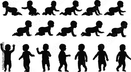 Silhouettes of crawling and walking babies in motion, toddler development stages, baby movement illustrations for educational and design purposes