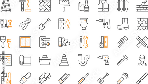 Construction & Tools Icon Pack – Tools, Hammer, Drill, Wrench, Repair, Build, Construction, Gear, Utility, Engineer, Site Equipment, Hard Work, Icon Design, Industrial, Outline Style, Safety, DIY