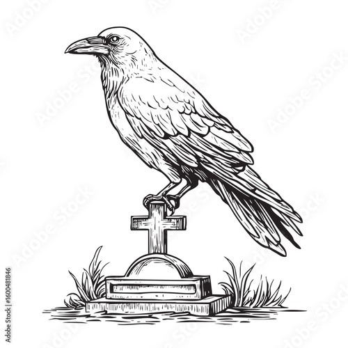 Raven perched on tombstone symbolizing mystery and loss