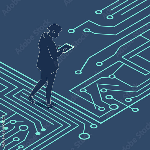 
a man standing on a circuit board