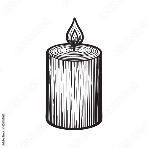 Candle with flame on natural wood design for decor and relaxation