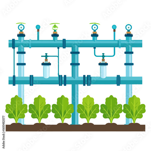 Smart farm irrigation system with blue pipes, filters, and valves for growing leafy greens.
