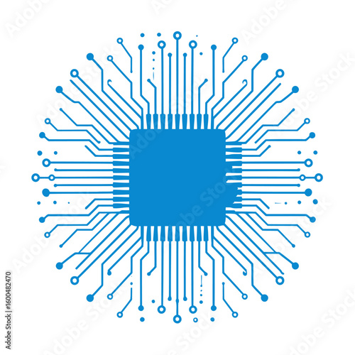 Stylized blue microchip graphic with a central square processor and radial circuit paths.