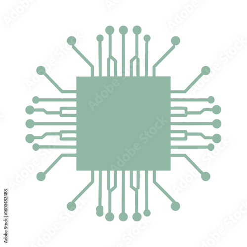 Stylized sage green microchip icon with a central square processor and radiating circuit traces.