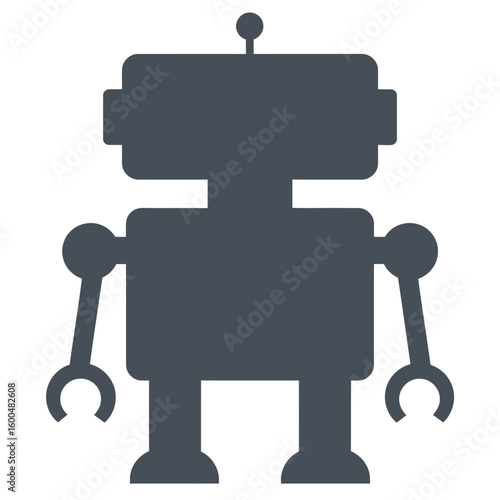 Dark grey blocky robot silhouette with antenna and pincer hands, standing.