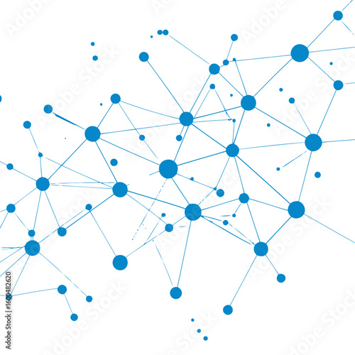 Abstract blue digital network graphic with interconnected circular nodes and thin lines.