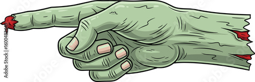 Zombie hand pointing finger, severed green monster limb with bones and blood, horror cartoon style undead vector illustration
