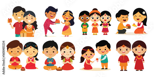 Vector art of a vibrant collection of cartoon illustrations showcasing indian families and children celebrating