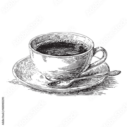 Coffee cup on saucer with spoon for morning beverage enjoyment