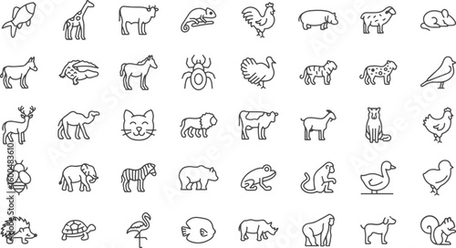 Animal Farm Line Icons – Cow, Goat, Pig, Hen, Rabbit, Sheep, Chicken, Duck, Horse, Turkey, Farm Animal, Livestock, Petting Zoo, Agriculture, Mammal, Poultry, Animal Silhouette, Ranch