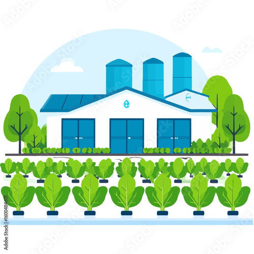 Modern Agricultural Facility with Lush Green Crops and Blue Silos
