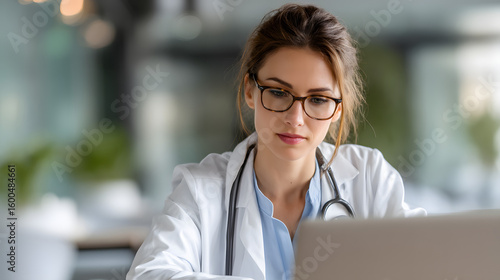 Focused Senior Doctor or Nurse Working on Laptop in Modern Medical Office Setting