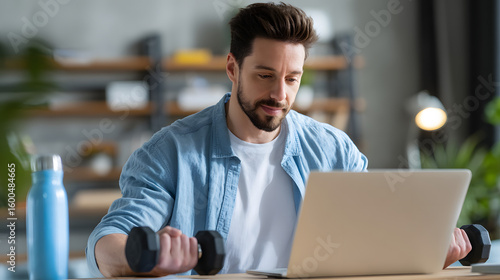 Focused Young Man Combining Workout with Laptop Use for Effective Home Office Productivity