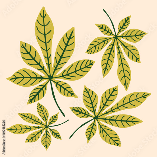 Natural autumn fall bright hand drawn background with horse chestnut leaves. Organic harvest contemporary vector illustration for cute cozy design