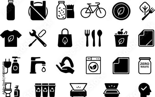 Collection of icons representing sustainable living and eco friendly practices