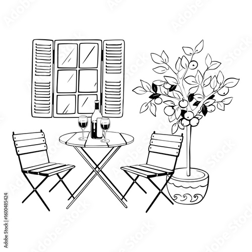 Summer street cafe, restaurant scene. Patio, outdoor, garden furniture set with rattan chairs table potted lemon tree. Coffee shop. Cafe terrace with seats Vector illustration.