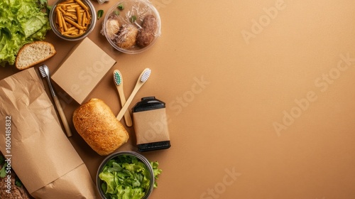 Eco friendly food packaging bamboo toothbrushes and brown paper bags on a beige background