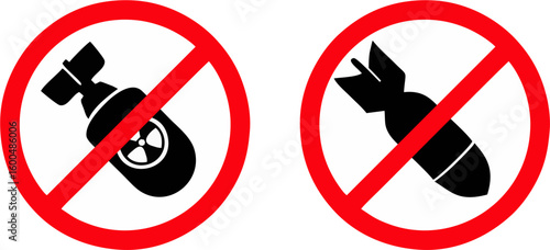 This image features two bomb icons—one representing a nuclear bomb and the other a conventional bomb—each enclosed in a red prohibition circle with a diagonal line. The design conveys a strong anti-wa