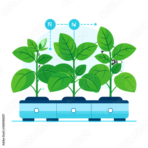 Lush green saplings in a modern blue modular planter system with nitrogen monitoring icons.