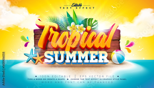Tropical Summer 3D Text Effect Design Editable and Scalable Vector Graphic Style Effect with Beach Holiday Elements and Tropical Palm Leaves on Blue Cloudy Sky Background. Premium Illustration