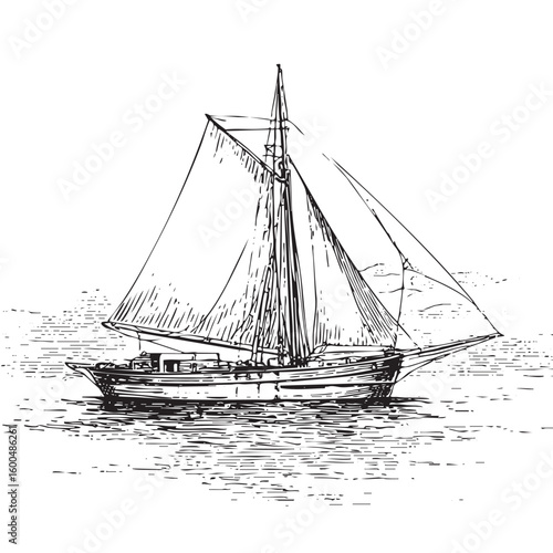 Vintage sailing boat on calm water with a clear sky backdrop
