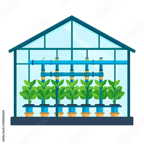 Glass greenhouse with a modern hydroponic system for automated plant cultivation.