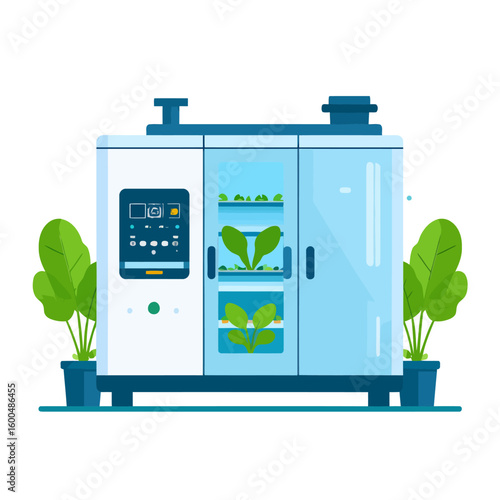 Indoor Farming Unit with Control Panel and Plant-Filled Shelves
