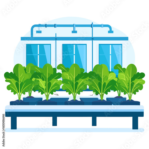 Indoor hydroponic farming system with green leafy vegetables growing on a modern cultivation table.