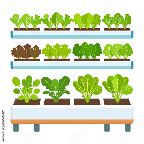 Modern vertical farm with assorted leafy greens like lettuce and spinach growing in tiered planters. Flat vector illustration.
