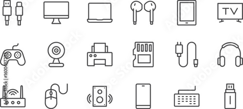 Electronics & Gadgets Icon Pack – Laptop, Earbuds, Printer, Scanner, USB, Powerbank, Tech, Gadget, Device, Digital, Wireless, Charging, Office, Modern, Icon, Outline, Smart