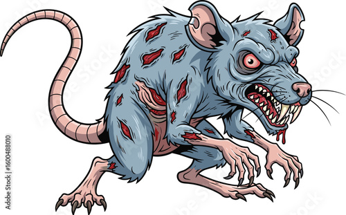 Zombie rat cartoon, scary undead rodent illustration, horror animal monster, creepy infected rat art, Halloween scary creature design, grotesque beast
