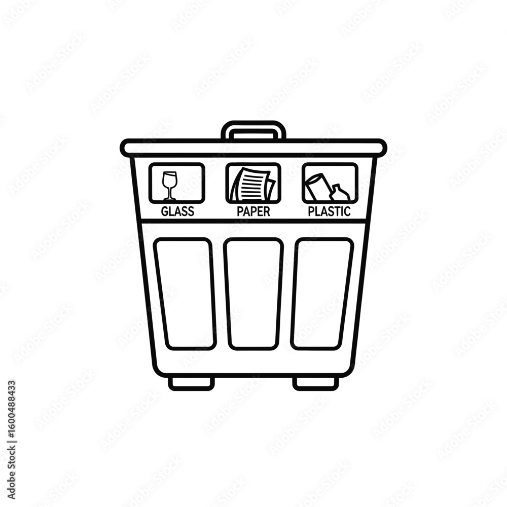 Recycling bin for glass, paper, and plastic waste in monochrome design Recycling bin for glass, paper, and plastic waste in monochrome design