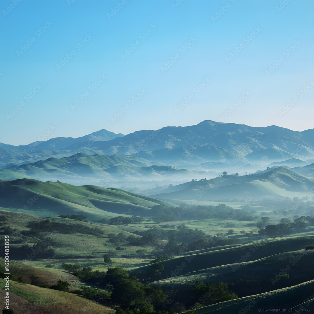 Naklejka premium Serene Green Valley with Gentle Rolling Hills Under Morning Mist in a Tranquil Landscape
