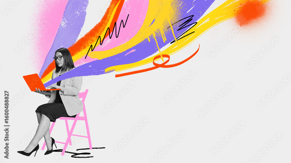© master1305 - Bold color collage of woman with laptop and colorful flow of creative energy. Concept of digital work, content creation, design thinking, productivity, and imagination.