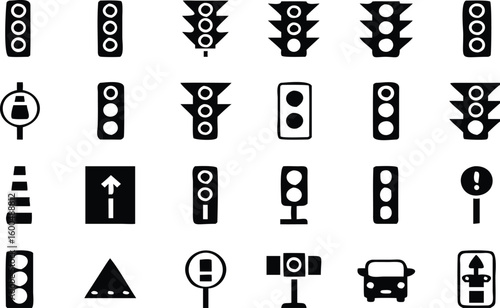 Collection of black and white traffic sign icons featuring stoplights pedestrian signals and road safety elements for design projects 
