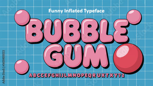 Pink bubble gum font on blue grid background pink font