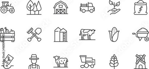 Farm & Tractor Icon Set – Barn, Tractor, Livestock, Agriculture, Rural, Harvest, Farm Vehicle, Field, Crop, Farming, Farm Equipment, Rural Life, Agriculture Tools, Farm Truck, Farmer, Garden, Landscap