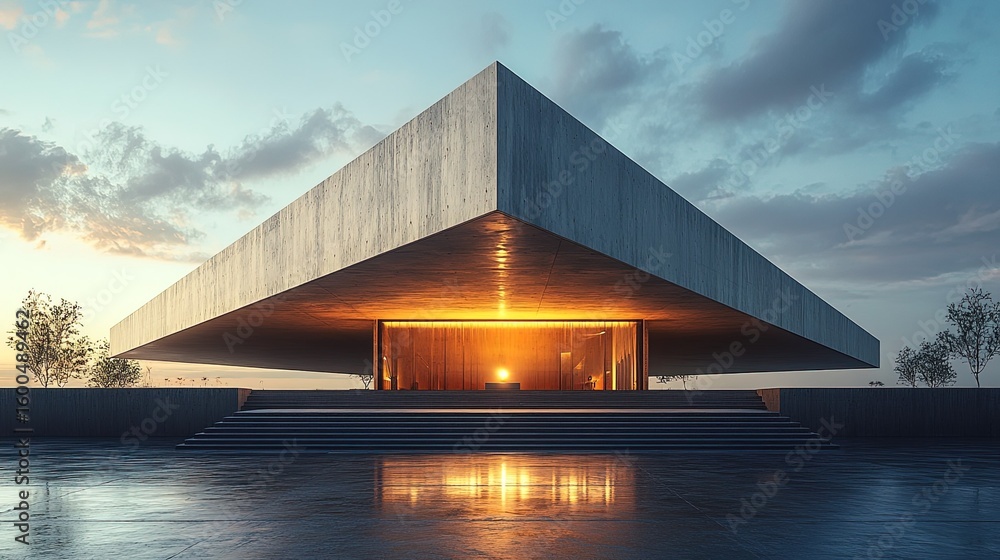 Fototapeta premium Modern Concrete Geometric Architecture at Dusk: Interior-Exterior Spatial Design with Lighting Effects