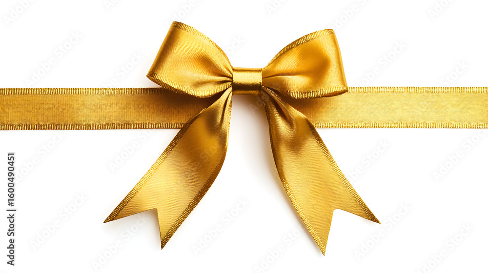 Luxurious golden ribbon bow with textured details isolated against a bright white backdrop. Luxurious golden ribbon bow with textured details isolated against a bright white backdrop.
