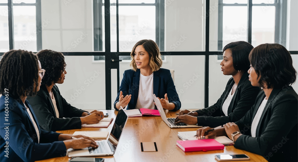 Fototapeta premium Confident female leader guiding a diverse team of professional women during a corporate board meeting